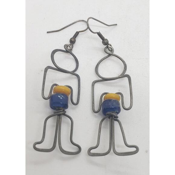 Vintage Earrings Wire Figural Man Person Handmade 1970s Person Boho Glass Beads - Picture 2 of 8
